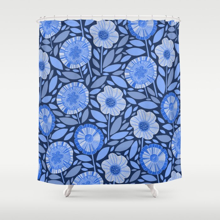 Folk Floral Blossoms in Midnight Blue Shower Curtain Gallery Image 1
