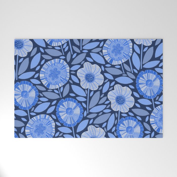 Folk Floral Blossoms in Midnight Blue Welcome Mat Gallery Image 1