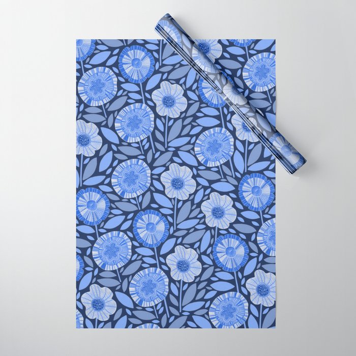 Folk Floral Blossoms in Midnight Blue Wrapping Paper Gallery Image 1