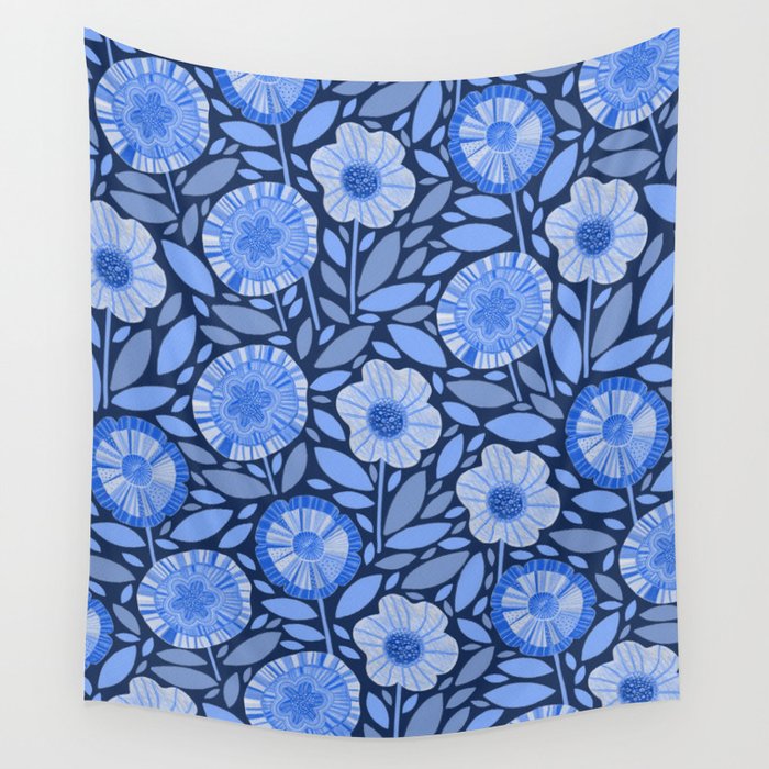 Folk Floral Blossoms in Midnight Blue Wall Tapestry Gallery Image 4