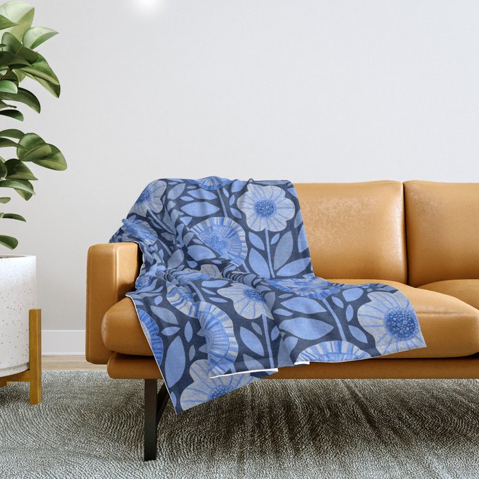 Folk Floral Blossoms in Midnight Blue Throw Blanket Gallery Image 1