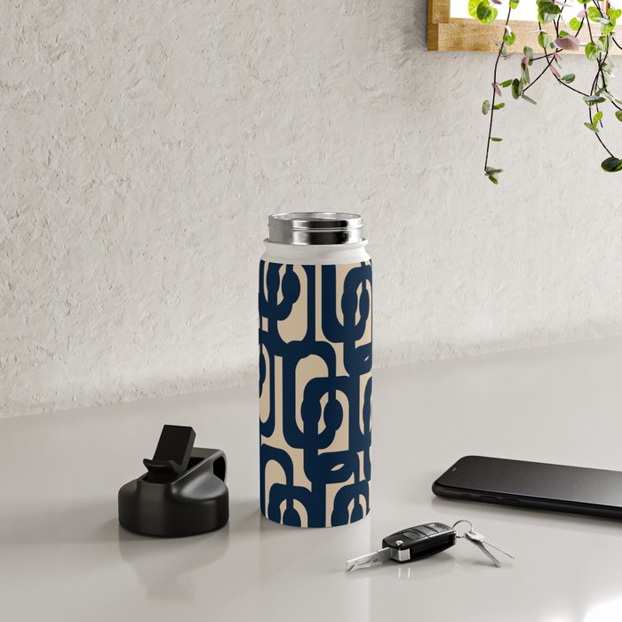 Mid Century Modern Loop Pattern in Navy Blue and Beige Water Bottle Gallery Image 4