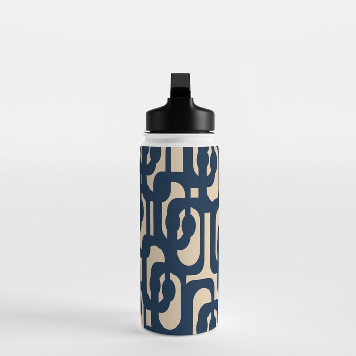 Mid Century Modern Loop Pattern in Navy Blue and Beige Water Bottle Gallery Image 3