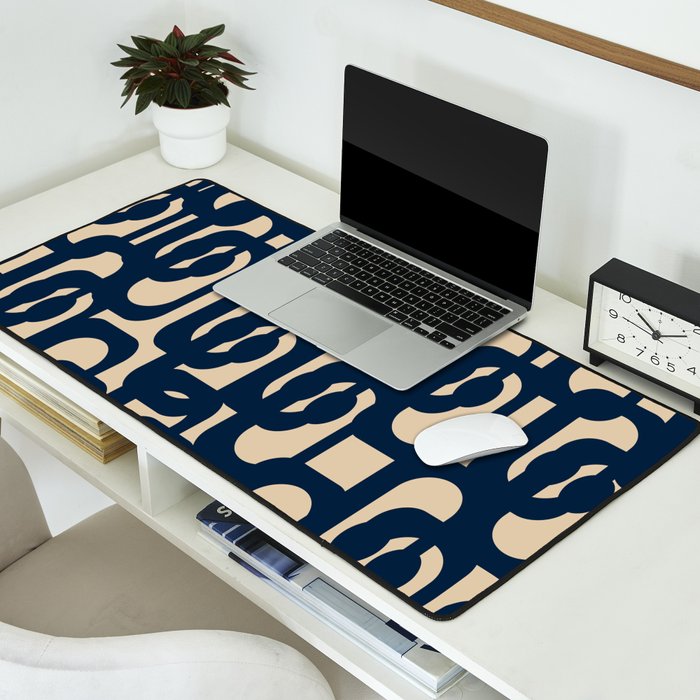Mid Century Modern Loop Pattern in Navy Blue and Beige Desk Mat Gallery Image 2