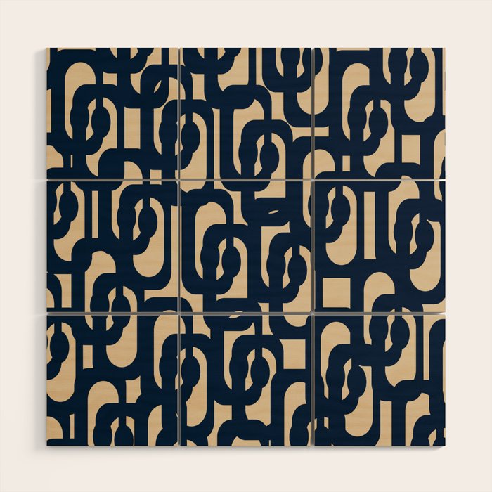Mid Century Modern Loop Pattern in Navy Blue and Beige Wood Wall Art Gallery Image 1