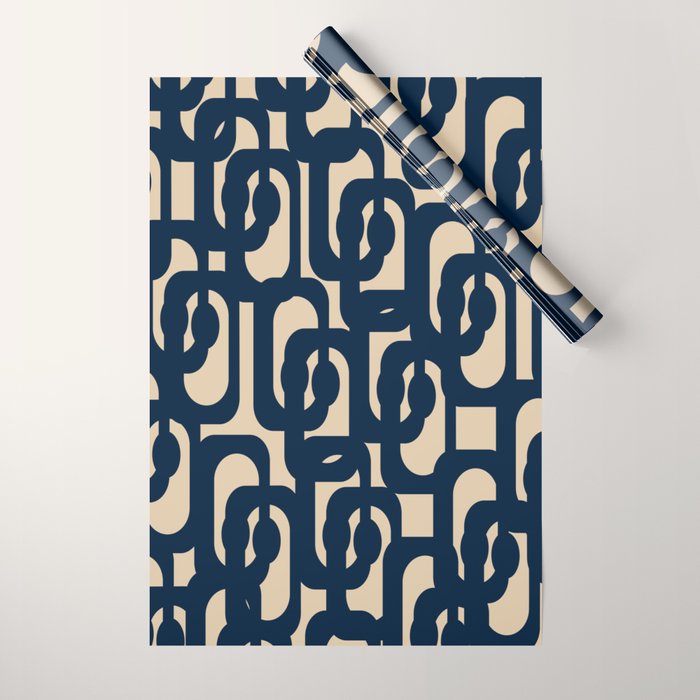 Mid Century Modern Loop Pattern in Navy Blue and Beige Wrapping Paper Gallery Image 1