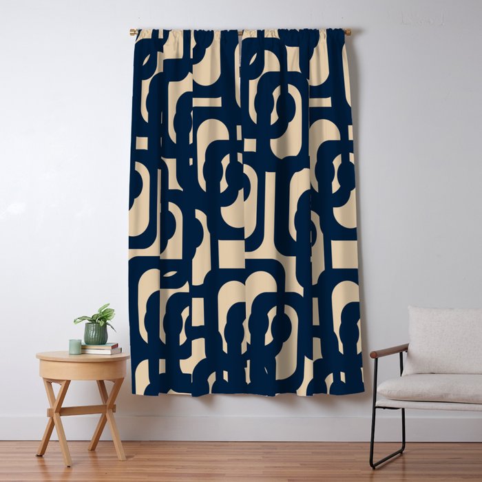 Mid Century Modern Loop Pattern in Navy Blue and Beige Window Curtain Gallery Image 5