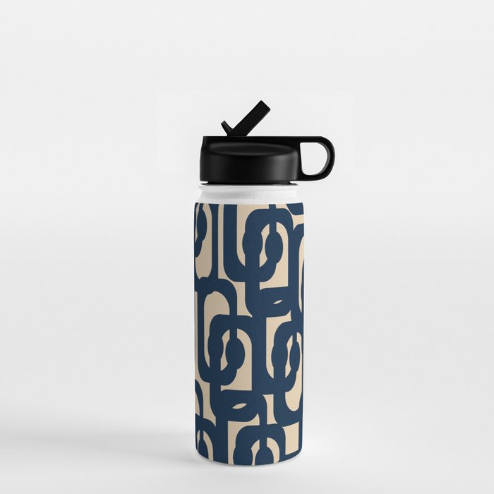 Mid Century Modern Loop Pattern in Navy Blue and Beige Water Bottle Gallery Image 1