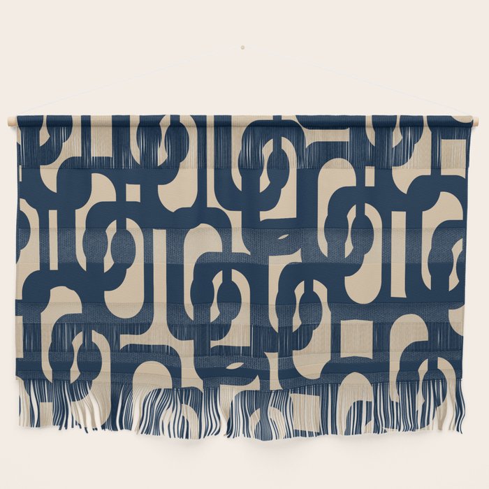 Mid Century Modern Loop Pattern in Navy Blue and Beige Wall Hanging Gallery Image 1