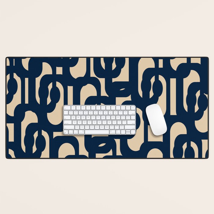 Mid Century Modern Loop Pattern in Navy Blue and Beige Desk Mat Gallery Image 1