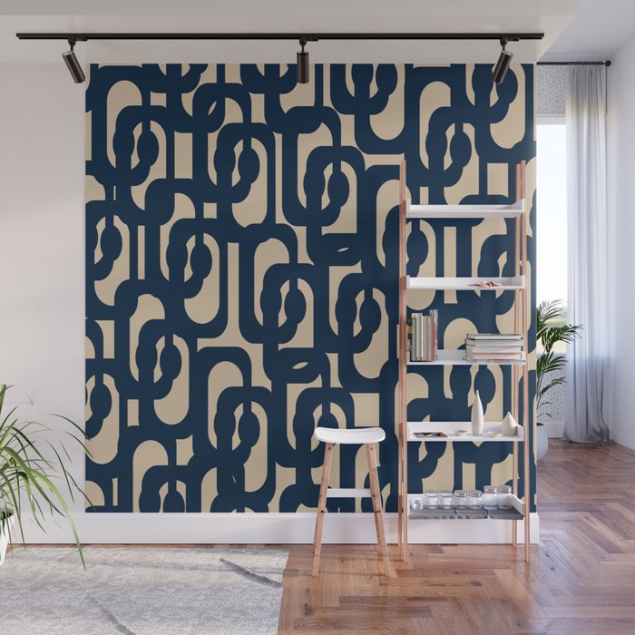 Mid Century Modern Loop Pattern in Navy Blue and Beige Wall Mural Gallery Image 1