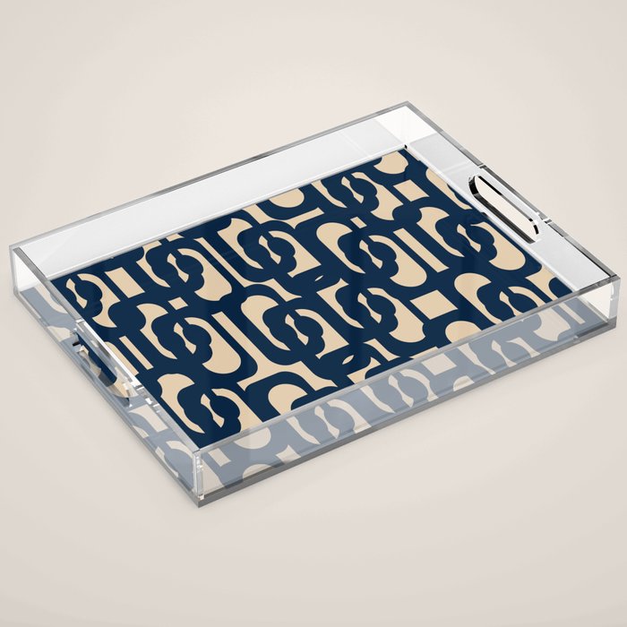 Mid Century Modern Loop Pattern in Navy Blue and Beige Acrylic Tray Gallery Image 1
