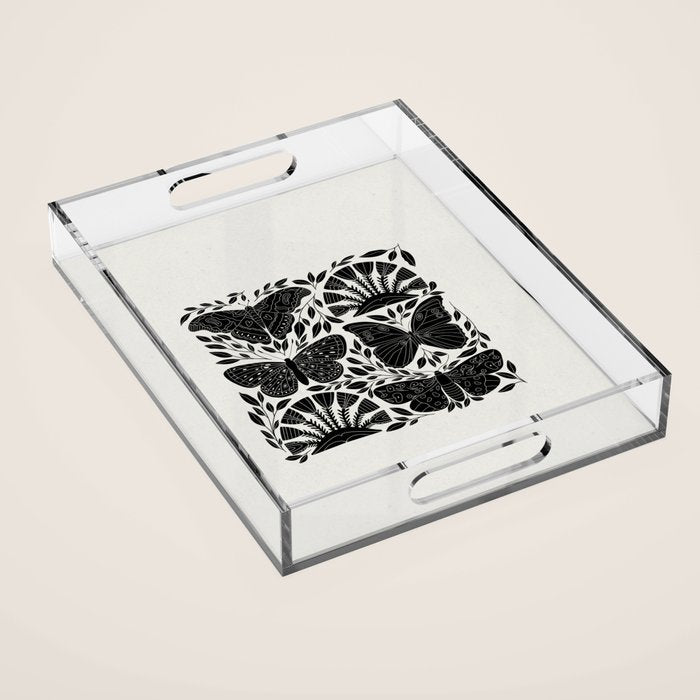 Black & White Retro, Folk Butterfly Acrylic Tray Gallery Image 1