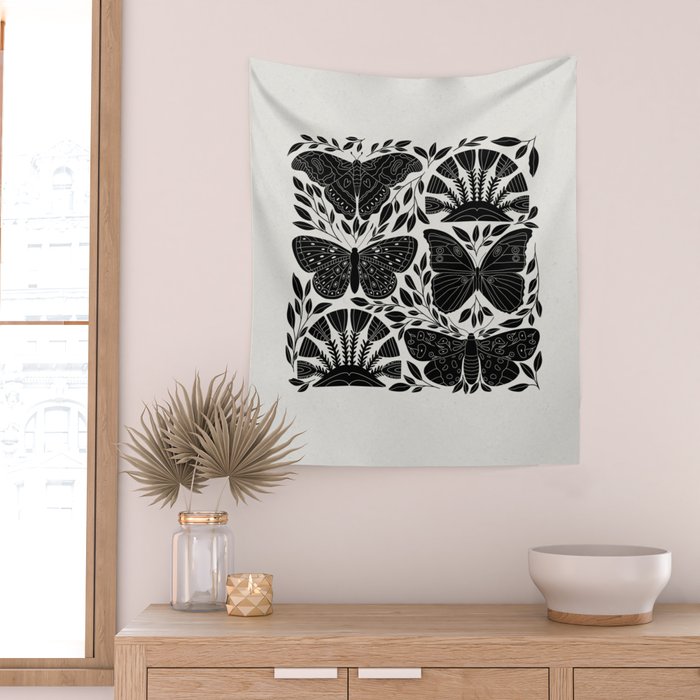 Black & White Retro, Folk Butterfly Wall Tapestry Gallery Image 2