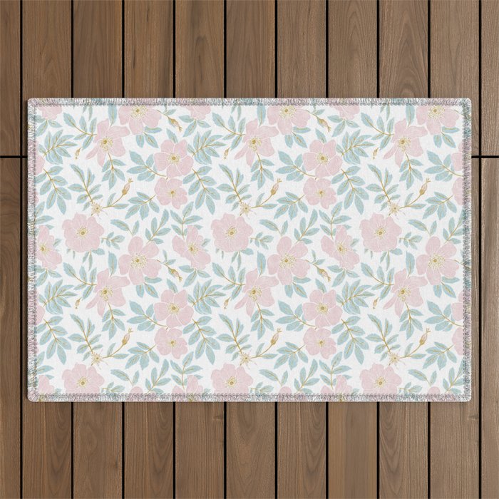 Wild Mountain Roses - pink, mint, and gold Outdoor Rug Gallery Image 1