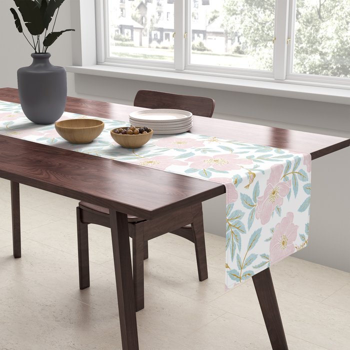 Wild Mountain Roses - pink, mint, and gold Table Runner Gallery Image 2