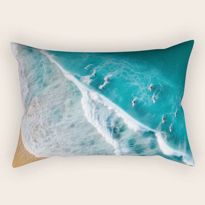 Turquoise Tides - Aerial View of Ocean Waves and Shore Rectangular Pillow Gallery Image 1
