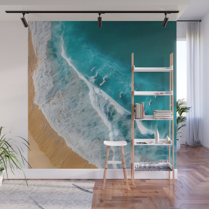 Turquoise Tides - Aerial View of Ocean Waves and Shore Wall Mural Gallery Image 1