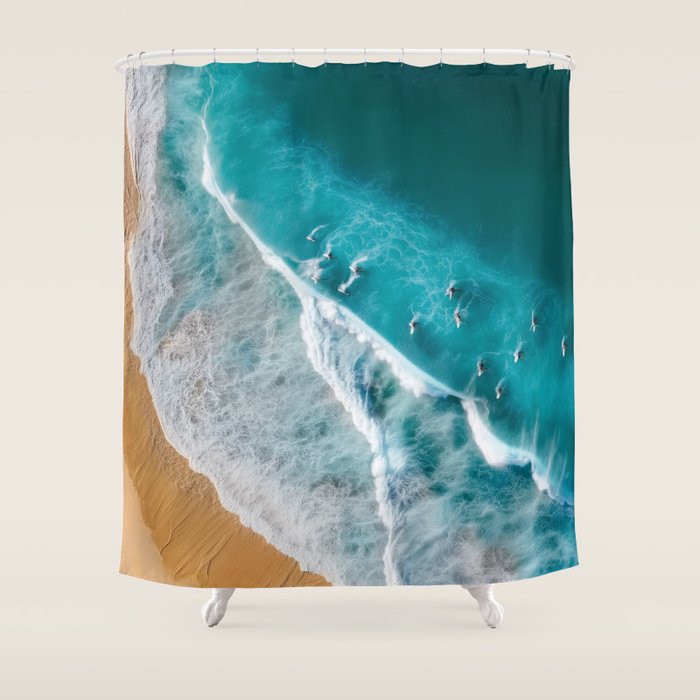 Turquoise Tides - Aerial View of Ocean Waves and Shore Shower Curtain Gallery Image 1