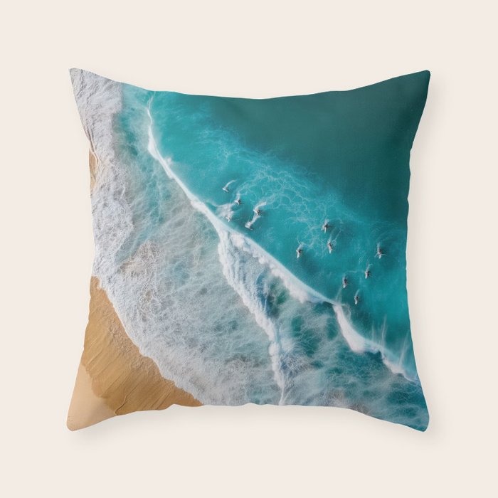 Turquoise Tides - Aerial View of Ocean Waves and Shore Throw Pillow Gallery Image 1
