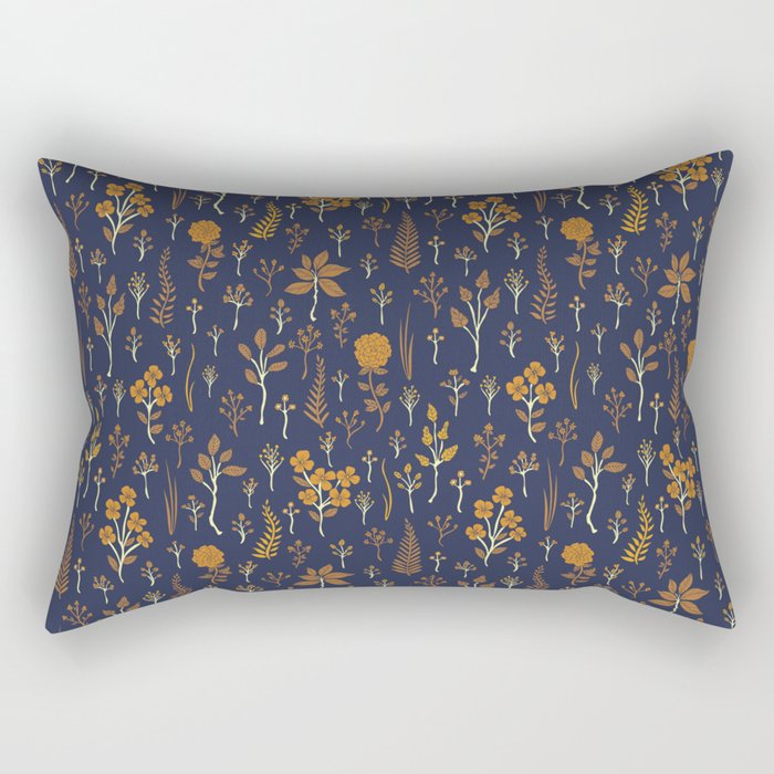 Navy Blue & Mustard Yellow Floral Pattern Rectangular Pillow Gallery Image 2