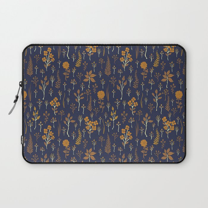 Navy Blue & Mustard Yellow Floral Pattern Laptop Sleeve Gallery Image 1