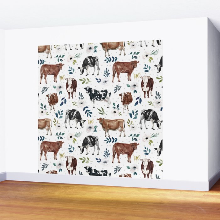 Hand-painted Cows and White Flowers with Blue Accents Wall Mural Gallery Image 2