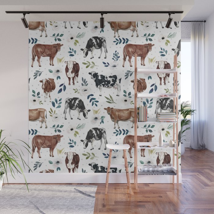 Hand-painted Cows and White Flowers with Blue Accents Wall Mural Gallery Image 1