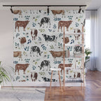 Hand-painted Cows and White Flowers with Blue Accents Wall Mural Gallery Image 1
