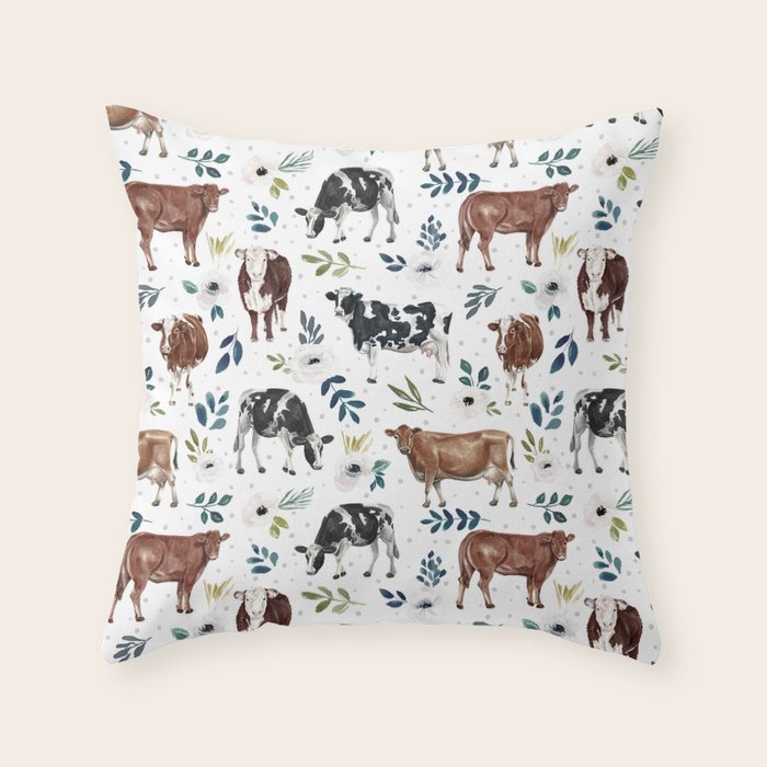 Hand-painted Cows and White Flowers with Blue Accents Throw Pillow Gallery Image 1
