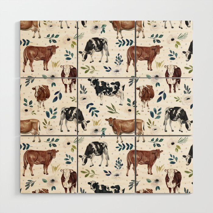 Hand-painted Cows and White Flowers with Blue Accents Wood Wall Art Gallery Image 1