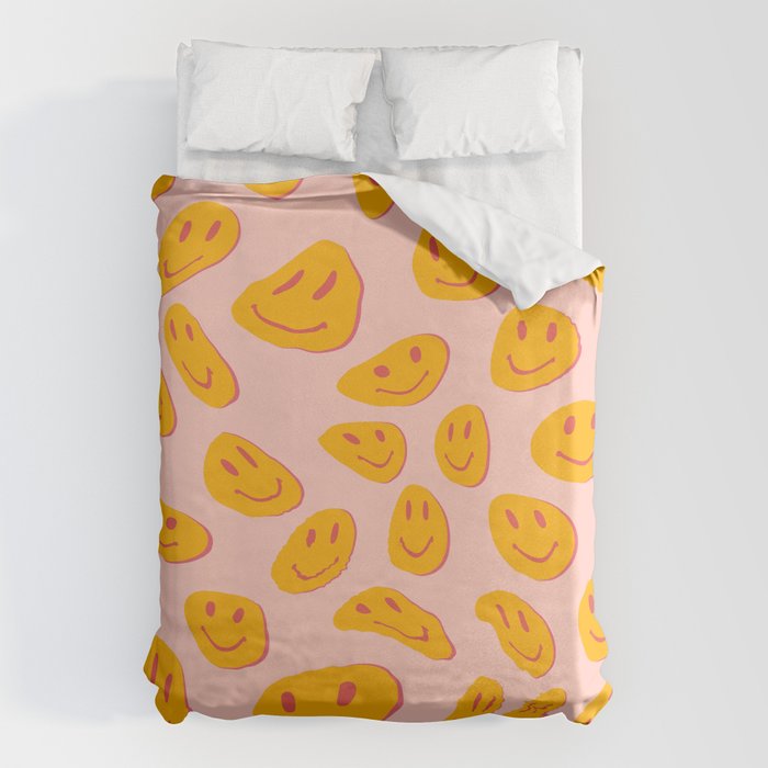 70s retro yellow smile face illustration  Duvet Cover Gallery Image 1