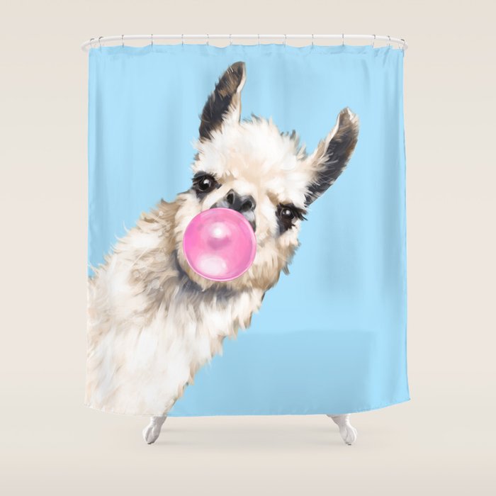 Bubble Gum Sneaky Llama in Blue Shower Curtain Gallery Image 1
