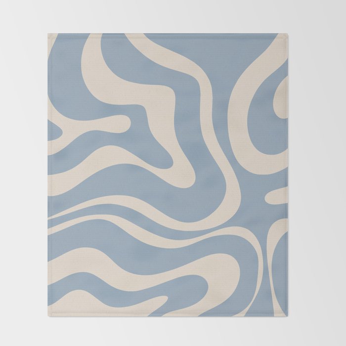 Modern Retro Liquid Swirl Abstract Pattern Square in Muted Light Blue and Cream Beige Throw Blanket Gallery Image 2