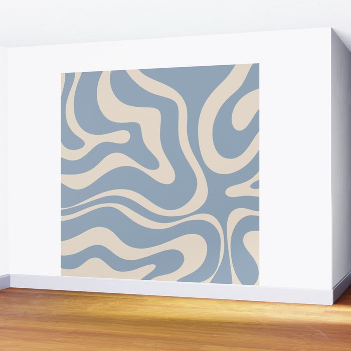 Modern Retro Liquid Swirl Abstract Pattern Square in Muted Light Blue and Cream Beige Wall Mural Gallery Image 2