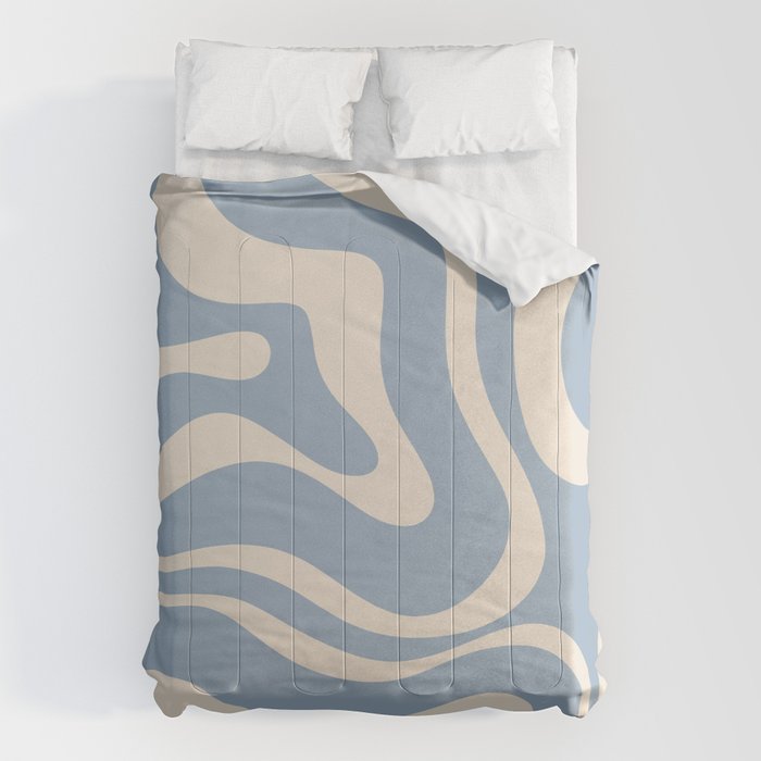 Modern Retro Liquid Swirl Abstract Pattern Square in Muted Light Blue and Cream Beige Comforter Gallery Image 6
