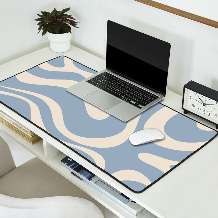 Modern Retro Liquid Swirl Abstract Pattern Square in Muted Light Blue and Cream Beige Desk Mat Gallery Image 2