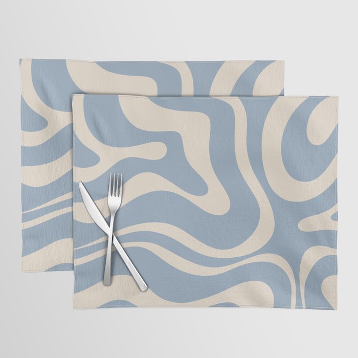 Modern Retro Liquid Swirl Abstract Pattern Square in Muted Light Blue and Cream Beige Placemat Gallery Image 1
