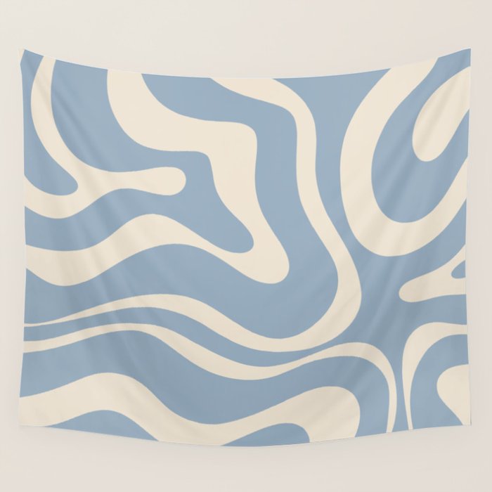 Modern Retro Liquid Swirl Abstract Pattern Square in Muted Light Blue and Cream Beige Wall Tapestry Gallery Image 4