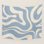 Modern Retro Liquid Swirl Abstract Pattern Square in Muted Light Blue and Cream Beige Wall Tapestry Gallery Image 4