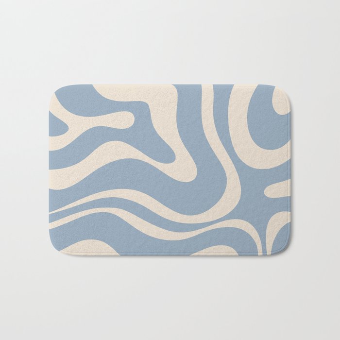 Modern Retro Liquid Swirl Abstract Pattern Square in Muted Light Blue and Cream Beige Bath Mat Gallery Image 1