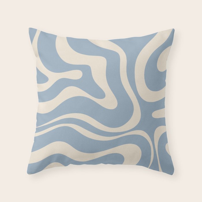 Modern Retro Liquid Swirl Abstract Pattern Square in Muted Light Blue and Cream Beige Throw Pillow Gallery Image 1