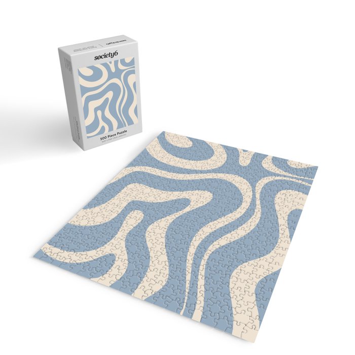 Modern Retro Liquid Swirl Abstract Pattern Square in Muted Light Blue and Cream Beige Jigsaw Puzzle Gallery Image 2