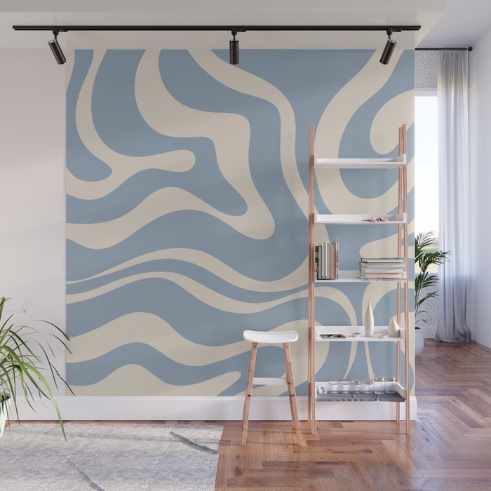 Modern Retro Liquid Swirl Abstract Pattern Square in Muted Light Blue and Cream Beige Wall Mural Gallery Image 1