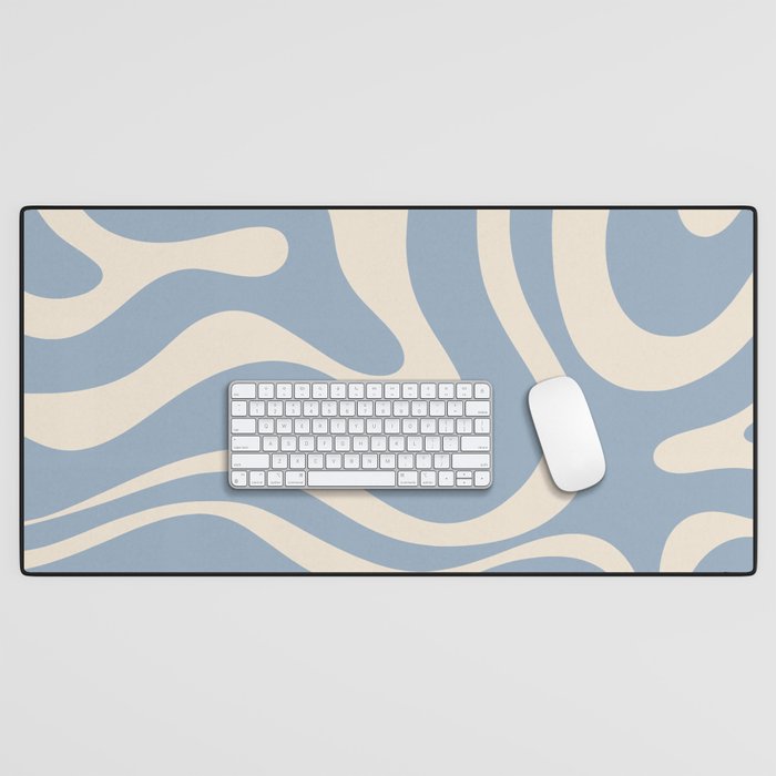 Modern Retro Liquid Swirl Abstract Pattern Square in Muted Light Blue and Cream Beige Desk Mat Gallery Image 1