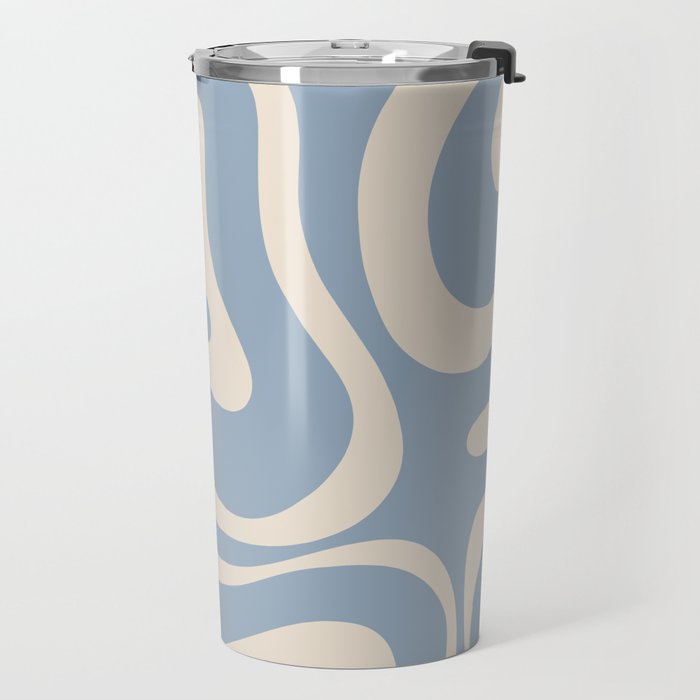 Modern Retro Liquid Swirl Abstract Pattern Square in Muted Light Blue and Cream Beige Travel Mug Gallery Image 2