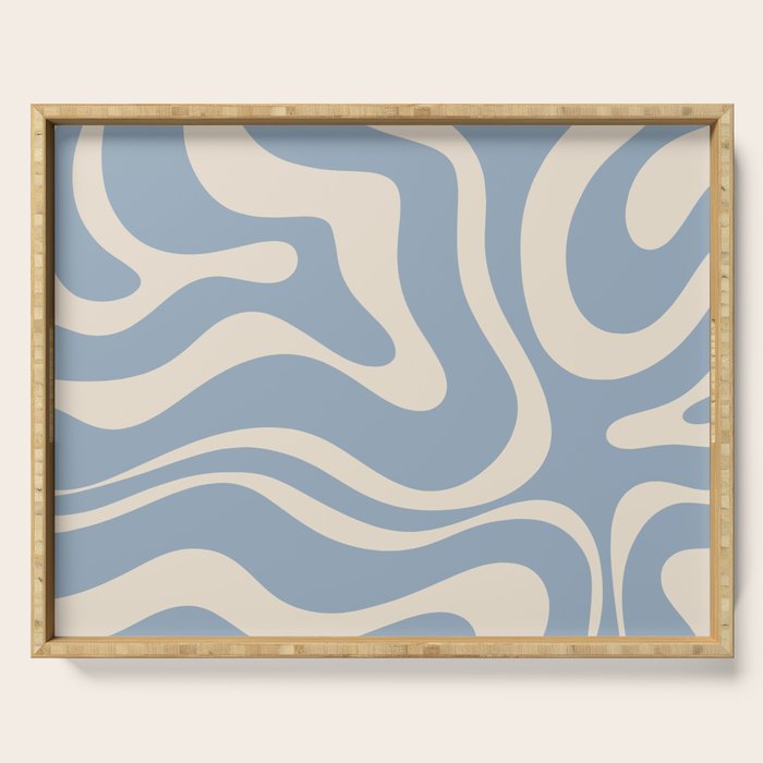 Modern Retro Liquid Swirl Abstract Pattern Square in Muted Light Blue and Cream Beige Serving Tray Gallery Image 1