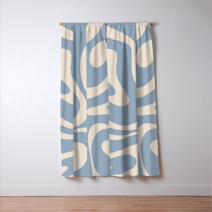 Modern Retro Liquid Swirl Abstract Pattern Square in Muted Light Blue and Cream Beige Window Curtain Gallery Image 3