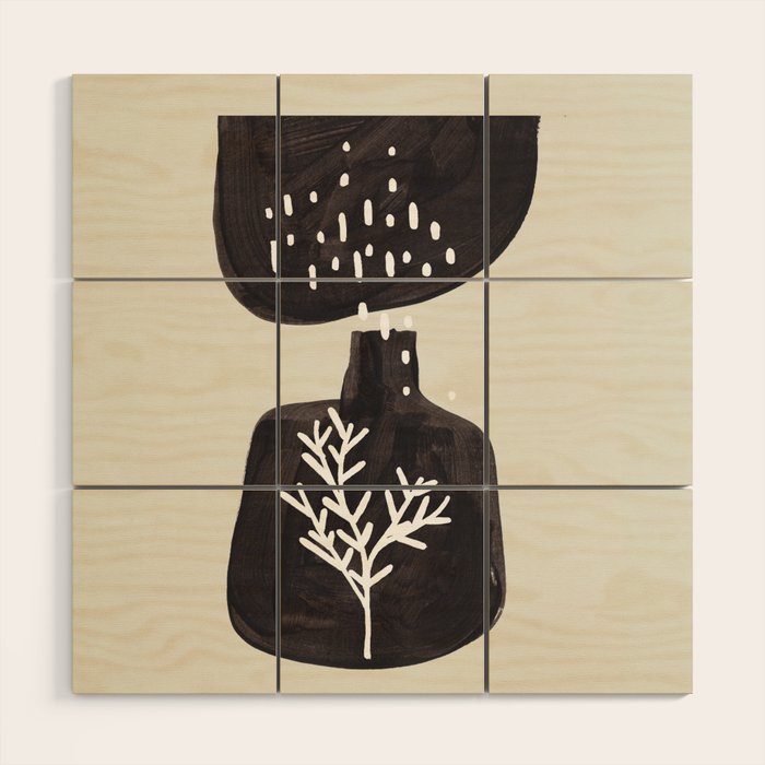 Mid Century Minimalist Black Ink Tribal Vase Abstract Vase Shapes Floral Plant Wood Wall Art Gallery Image 1