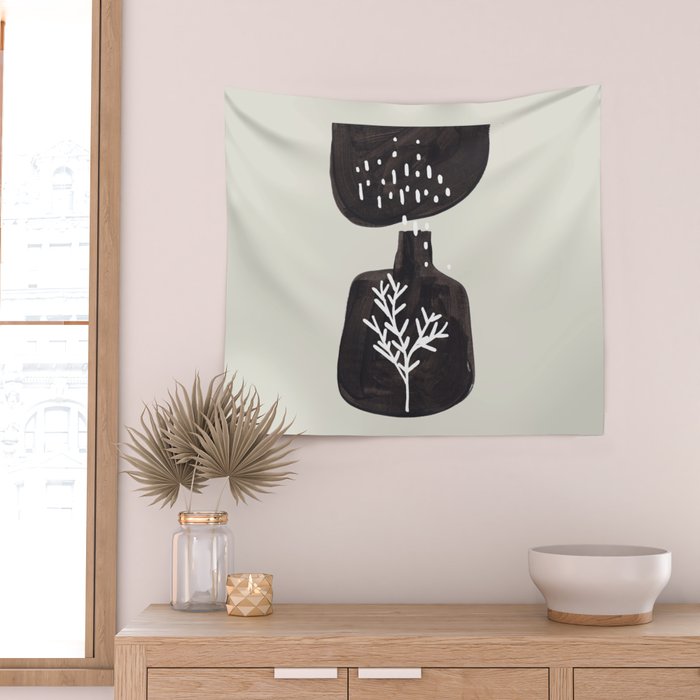 Mid Century Minimalist Black Ink Tribal Vase Abstract Vase Shapes Floral Plant Wall Tapestry Gallery Image 2